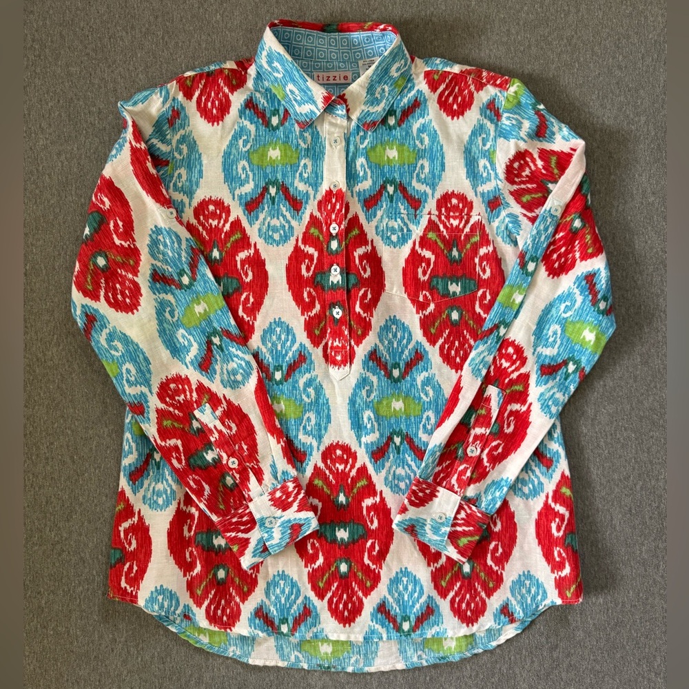 Tizzie linen‎ cotton blend multicolor print top blouse women’s size M